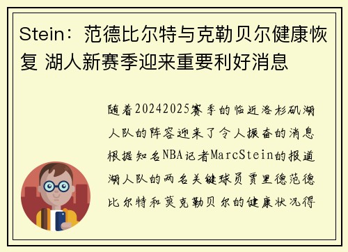 Stein：范德比尔特与克勒贝尔健康恢复 湖人新赛季迎来重要利好消息
