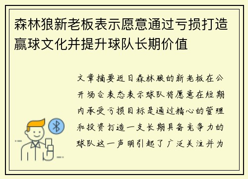 森林狼新老板表示愿意通过亏损打造赢球文化并提升球队长期价值